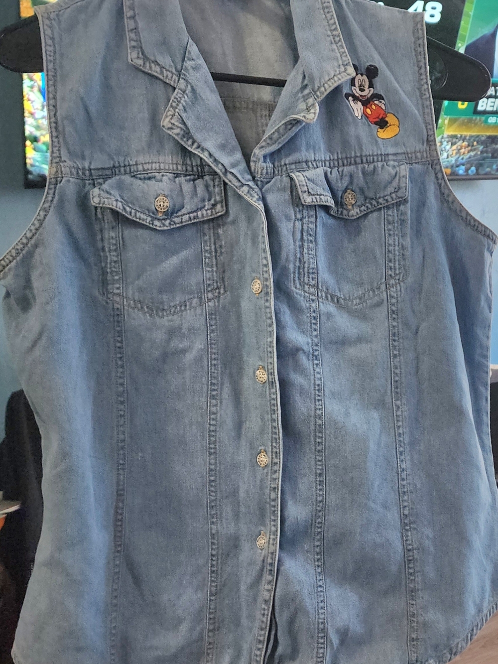 Disney Light Blue Denim Sleeveless Button Vest with Mickey Patch Sz Lrg